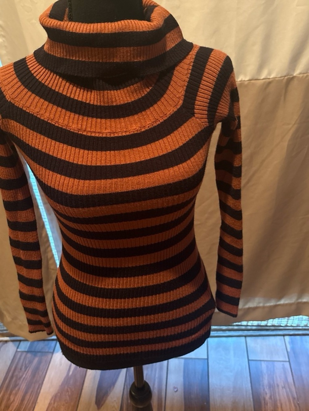 Forever 21 Black & Rust Striped Ribbed Cowl Neck Sweater